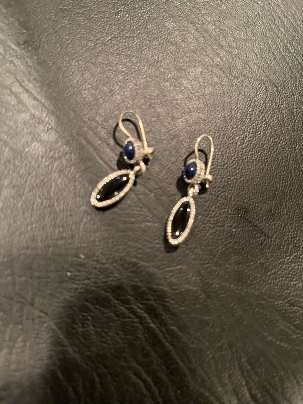 Silver Drop Earrings with Blue and Black Gemstones